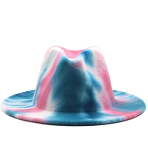 Sombrero de jazz con ala ancha en tie-dye azul, rosa y blanco con textura de fieltro