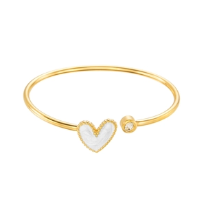 Golden open heart bangle for women with sparkling crystal stone and beaded edge details