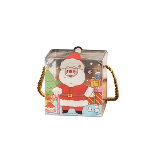 Clear Christmas PVC gift box with Santa Claus patterns and golden rope handle