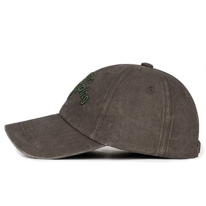Vintage washed dark grey baseball cap with green Philadelphia embroidery on side profile