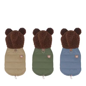 Thick hooded winter pet vest with bear ears in khaki, army green, and blue colors