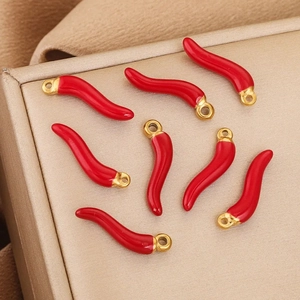 Set of eight red chili pepper charms with gold rings for DIY jewelry making