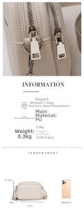 Detail view of cream PU leather shoulder bag showing silver hardware and size specs