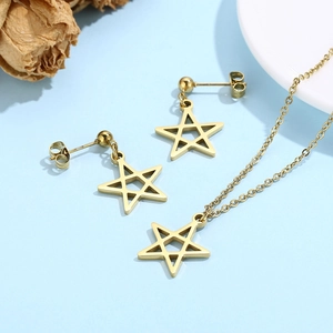 Detailed flat lay of golden stainless steel hollow star necklace and earrings set