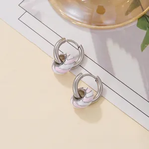 French style stainless steel hoop earrings with pink and white striped enamel bead charms