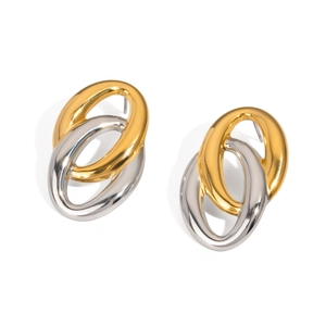 Close-up of geometric two-tone interlocking gold and silver stainless steel earrings