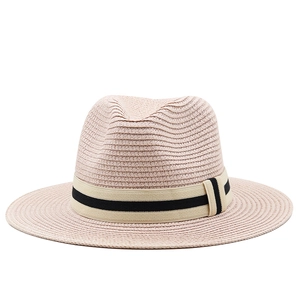 Summer Panama straw hat in light pink with black and white striped ribbon band