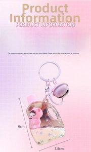 Detailed size specifications of pink Dream Bear keychain with liquid sand and bell charm