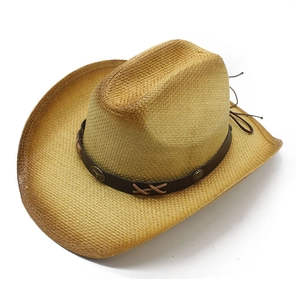Western straw cowboy hat with vintage leather band and metallic buckle detail