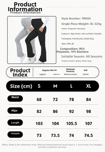 Detailed size chart for maternity yoga flare pants with high waist support and fabric specs