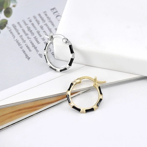 S925 sterling silver geometric hoop earrings with black enamel and white zircon accents