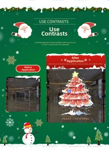 Detail view of red Christmas tree window stickers showing before and after installation