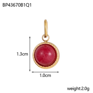 Oval gold stainless steel pendant featuring a red natural stone and rope border design