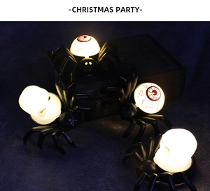 Macro shot of Halloween LED spider lights with skull and eyeball designs for eerie decor