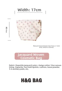 Détails de la trousse de maquillage florale montrant les dimensions 17x14cm et le jacquard