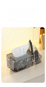 Close-up of glacier texture tissue box with integrated remote control organizer