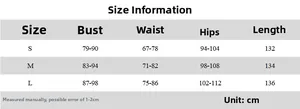 Detailed size chart for backless side-pleated dress showing S, M, L measurements in cm