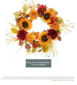 Detail view of 45cm artificial sunflower wreath with roses and autumn leaves measurements