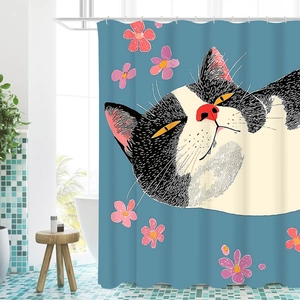 Detail of 3D Christmas bath curtain featuring cat and flower print with metal hooks