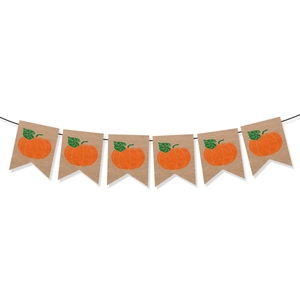 Thanksgiving pumpkin banner with six burlap flags and autumn maple leaf decorations
