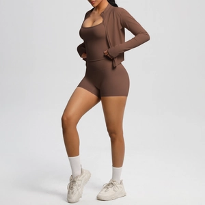 Mocha brown 3-piece workout set with zip jacket, sports bra and high-waisted shorts