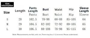 Size chart for printed long sleeve crop top and skirt set with measurements in centimeters