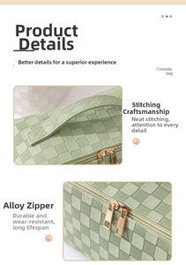 Detail of mint green cosmetic bag featuring checkered texture and gold alloy double zippers