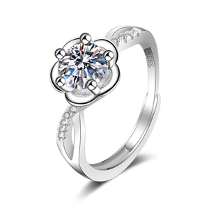 Macro detail of six-prong petal setting with S925 sterling silver stamp and side diamonds