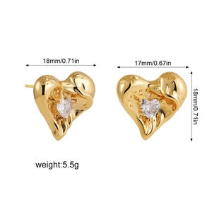 Detailed view of 18K gold heart earrings with zircon inlay and size measurements