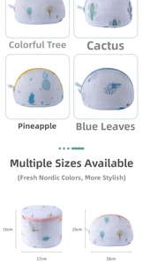 Detailed view of printed sandwich mesh laundry bags in cylindrical and semi-circle shapes
