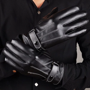 Winter thermal leather gloves for men featuring buckle straps and white stitching detail