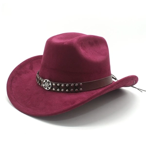 Close-up of wine red suede jazz hat with brown leather band and silver metal rivets