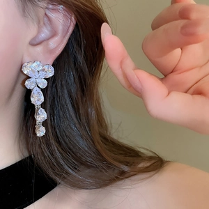 Primo piano dell'orecchino con nappa a farfalla in zirconia scintillante indossato da modella