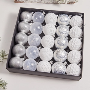 25-pack Christmas tree ornaments set with silver glitter and pearl textures in a gift box