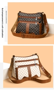Close-up of multi-layer zipper pockets on patterned shoulder bags with wide straps
