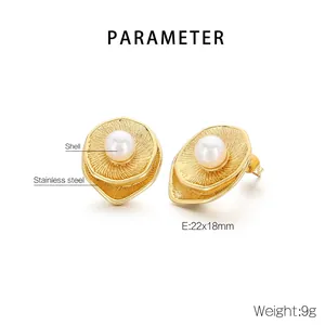 Detail showing 22x18mm double-layered textured stainless steel earrings with shell pearls