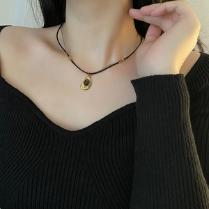 Maillard Vintage Double Layer Necklace For Women Titanium Steel Tiger Eye Stone Water Drop Pendant Necklace Retro Sweater Chain