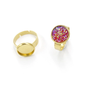 Adjustable golden stainless steel ring base with 12mm round tray for DIY jewelry making