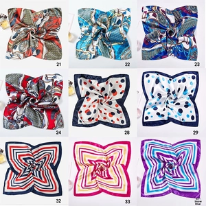 Collage of 50cm square silk scarves featuring retro chain prints and geometric patterns