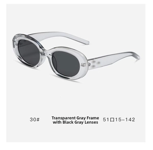 Detail of transparent gray cat-eye sunglasses with gray lenses and 51-15-142 dimensions