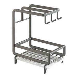 Wall-mounted dark grey metal kitchen rack with three hooks and white drip tray