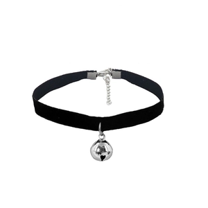 Black velvet choker necklace with silver heart bell pendant and adjustable chain closure