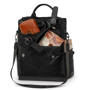 Black vintage soft PU leather backpack for women with tassels and multiple storage pockets