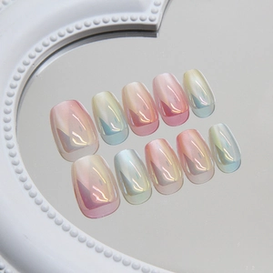 Short square gradient cat eye press-on nails with rainbow aurora finish and pearl luster
