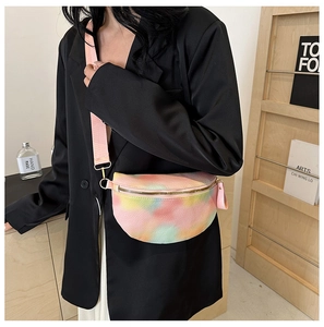 Detail of pink rainbow gradient chest bag with litchi texture PU leather and gold zipper