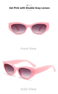 Detail view of cat eye sunglasses in jelly pink frame with gradient grey lenses