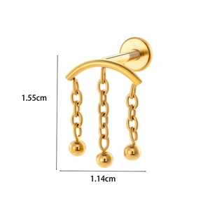 Detailed size chart for gold titanium labret with chain featuring dimensions 1.55cm by 1.14cm