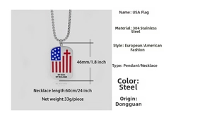 Detail of US flag dog tag necklace with My Son My Soldier text and red cross on steel