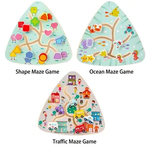 Three wooden maze logic puzzles with geometric, marine, and urban traffic themes for kids