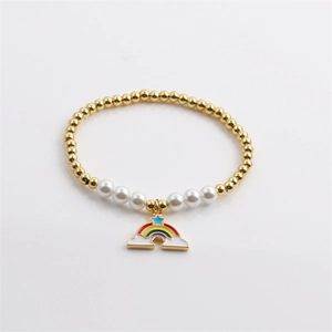 Elegant gold beaded rainbow bracelet with pearls and enamel star charm for women